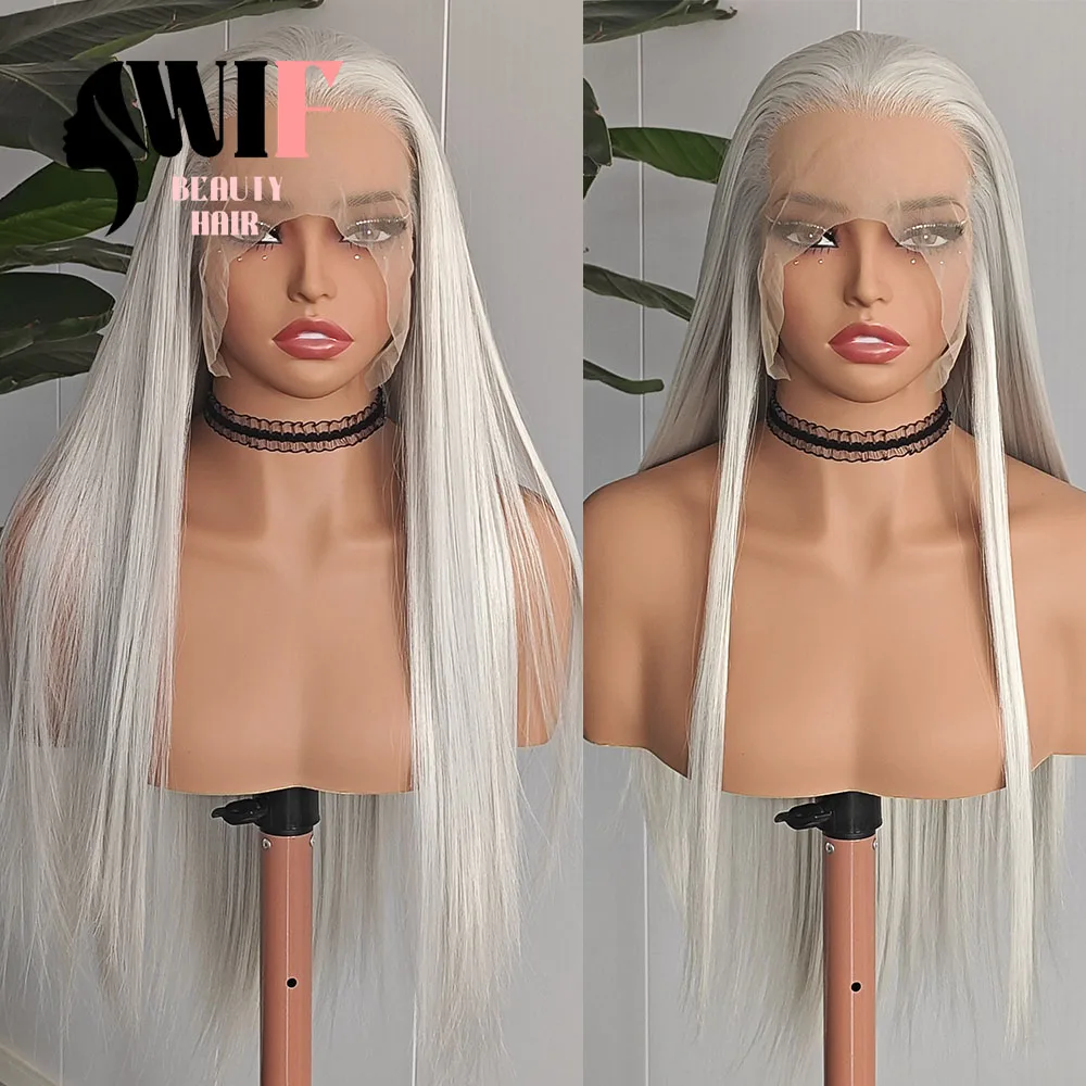 WIF-Peluca de Cosplay gris plateado, pelucas frontales de encaje sintético liso para mujeres y hombres, pelo liso Natural largo, pelo liso plateado