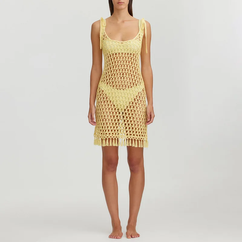 

2024 Summer New European And American Style Dress For Women Solid Color Sexy Knitted Beach Bikini Swimsuit Cover-Up Sun