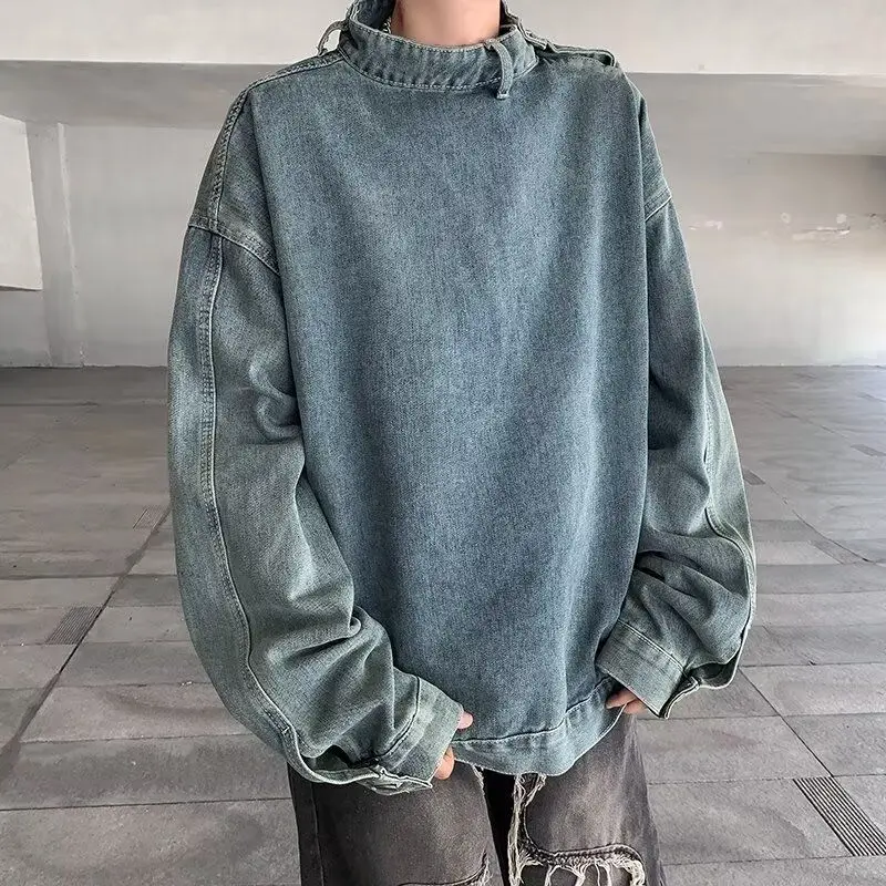 Fall Denim Men Long Sleeves Stand T Shirts Teenager Korean Fashion Casual High Street Punk Loose Clothes Campus Home Daily Date