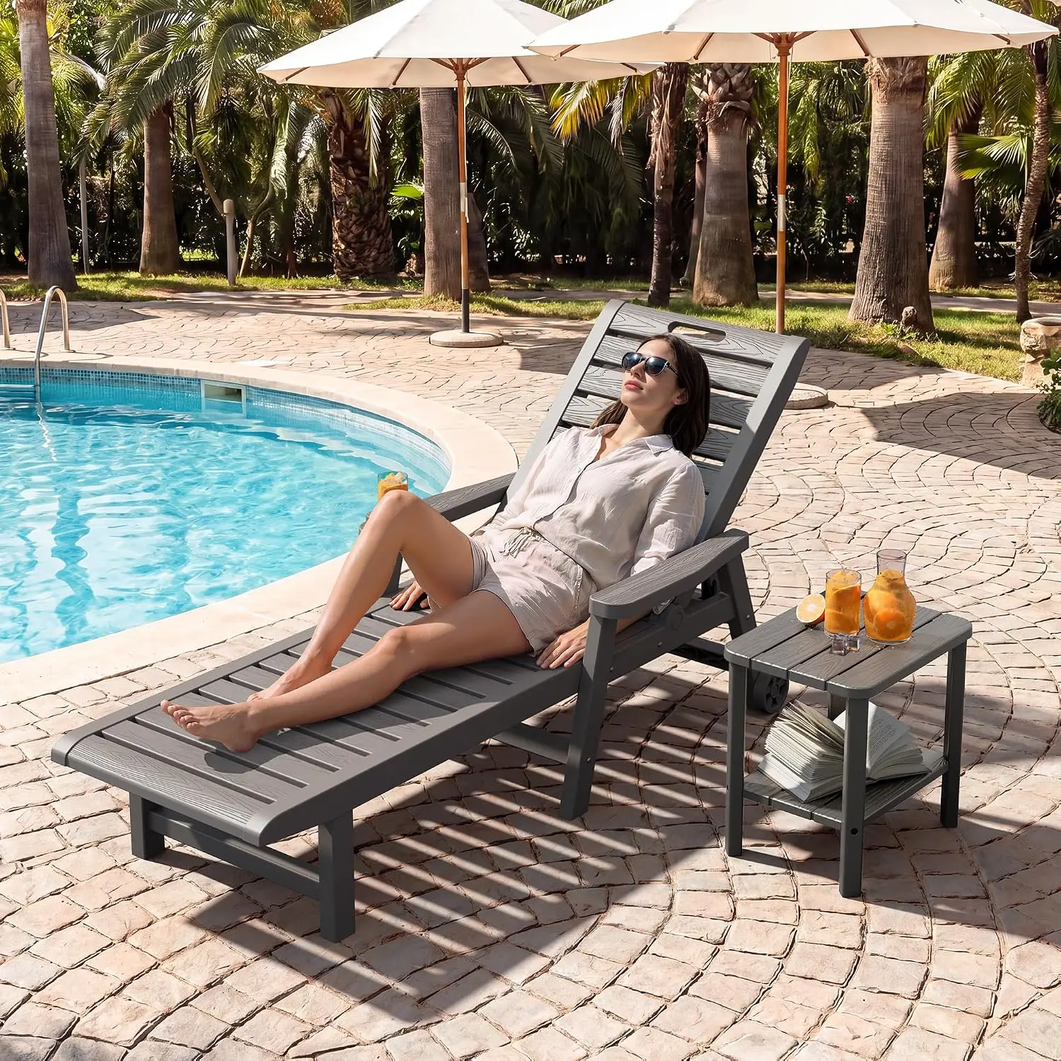 Outdoor Chaise Lounge Chair Set of 2 with Wheels, Grey | cup holder, 5-adjustable position, HDPE all-weather resin,Customized