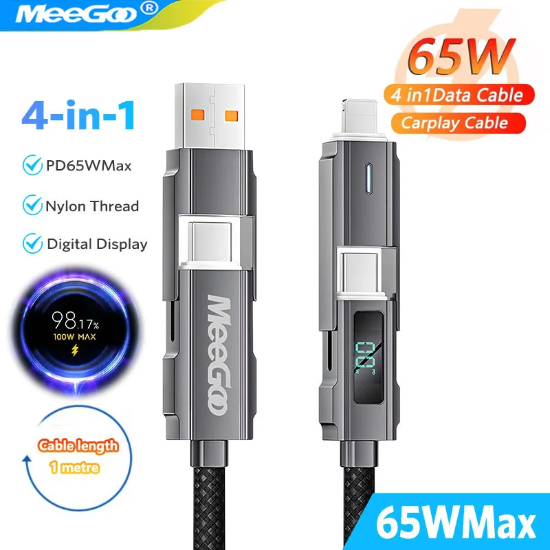 MeeGoo 65W 4 en 1 Cable USB C Cable de carga súper rápida para teléfono con pantalla LED Cable de datos USB a tipo C para tableta teléfono Chargi