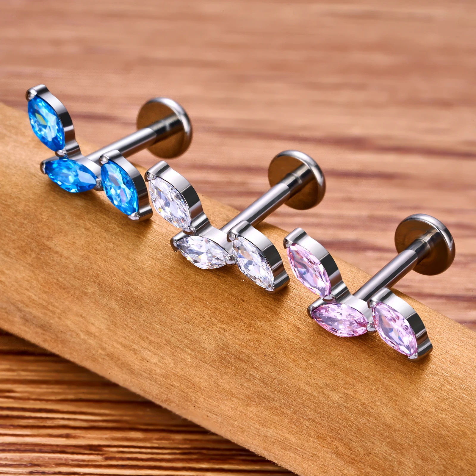 G23 Titanium Leaf Pattern Nose Studs Color Marquise CZ Paved Labret Lip Stud Ear Tragus Cartilage Conch Daith Piercing Jewelry