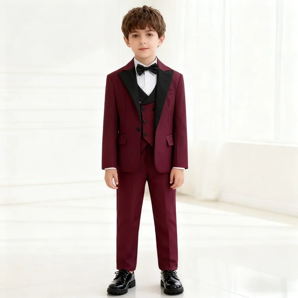 

Chic Burgundy Boy's 4-Piece Tuxedo Set Blazer Vest Pants Trendy Kids Formal Outfit For Wedding Photo Shot Party Banquet Ceremony