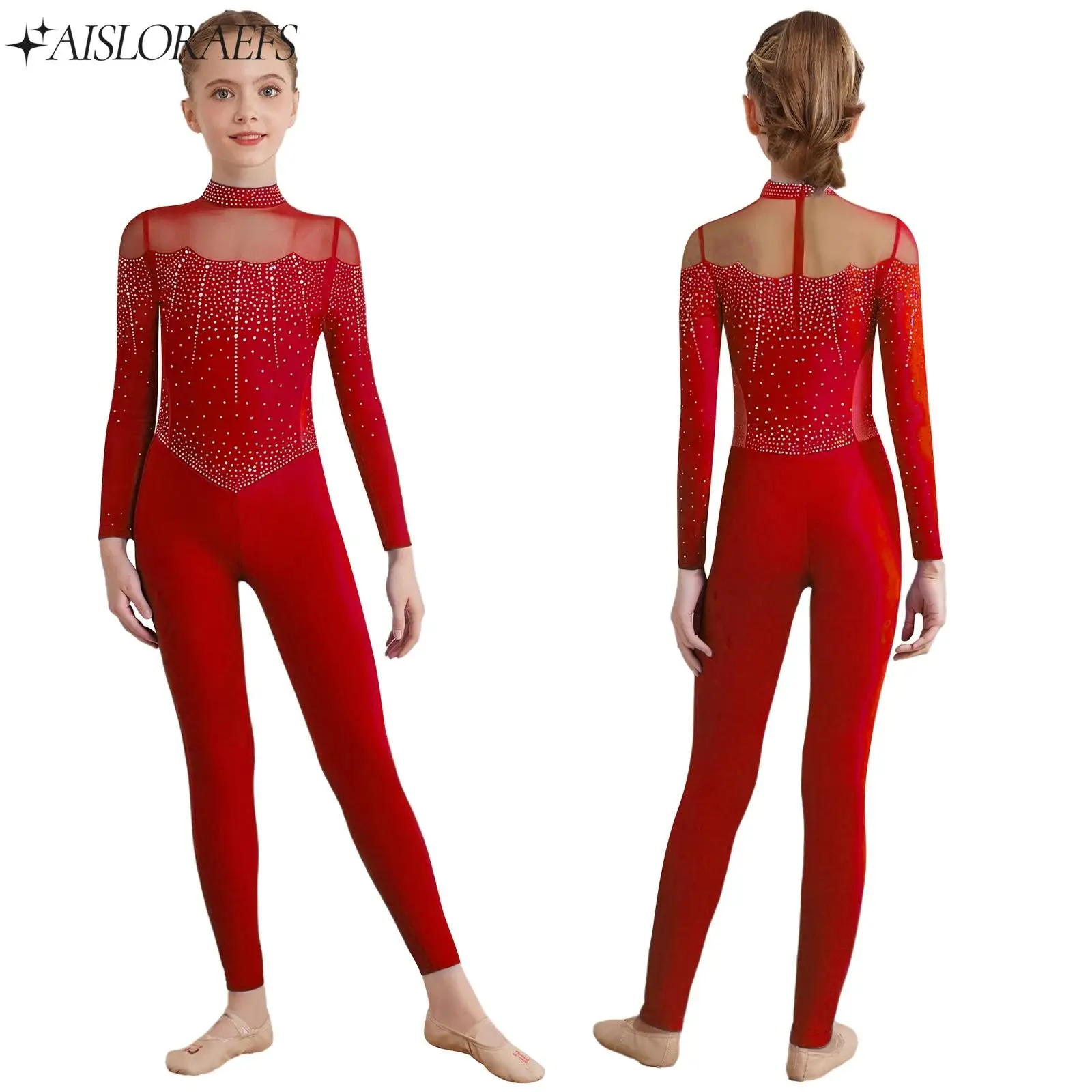 

Kids Girls Gymnastics Jumpsuit Full Body Unitard Long Sleeve Rhinestones Mesh Jumpsuit Skating Ballet Dance Performance Costume