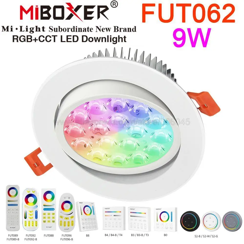 

FUT062 MiBoxer 9W RGB+CCT LED Dimmable Ceiling Spotlight Reccessed Light AC85-265V WiFi Compatible 2.4G 4-Zone Wireless Remote