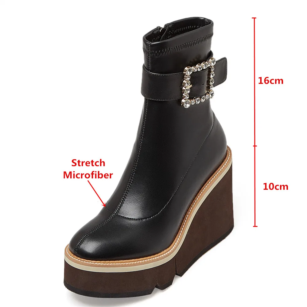 MILI-MIYA New Arrival Classic Brand Design Women Stretch Microfiber Ankle Boots Super High Wedges Crystal Buckle Strap Handmade