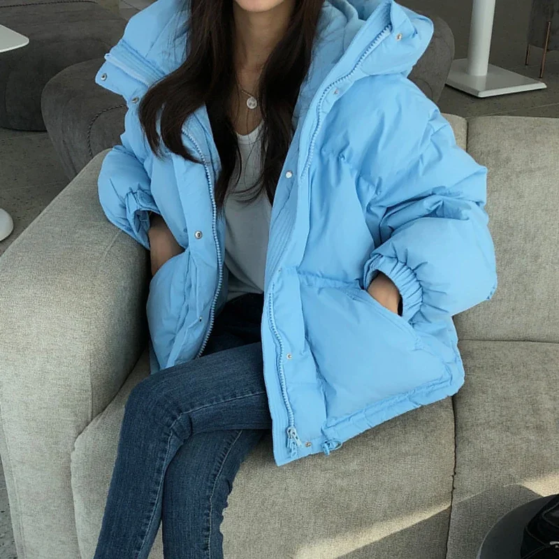 

2024 Winter New Women Cotton Coat Loose Solid Sweet Female Office Lady Outwear Bubble Coat Hooded Warm Pocket Elegant Ins Jacket