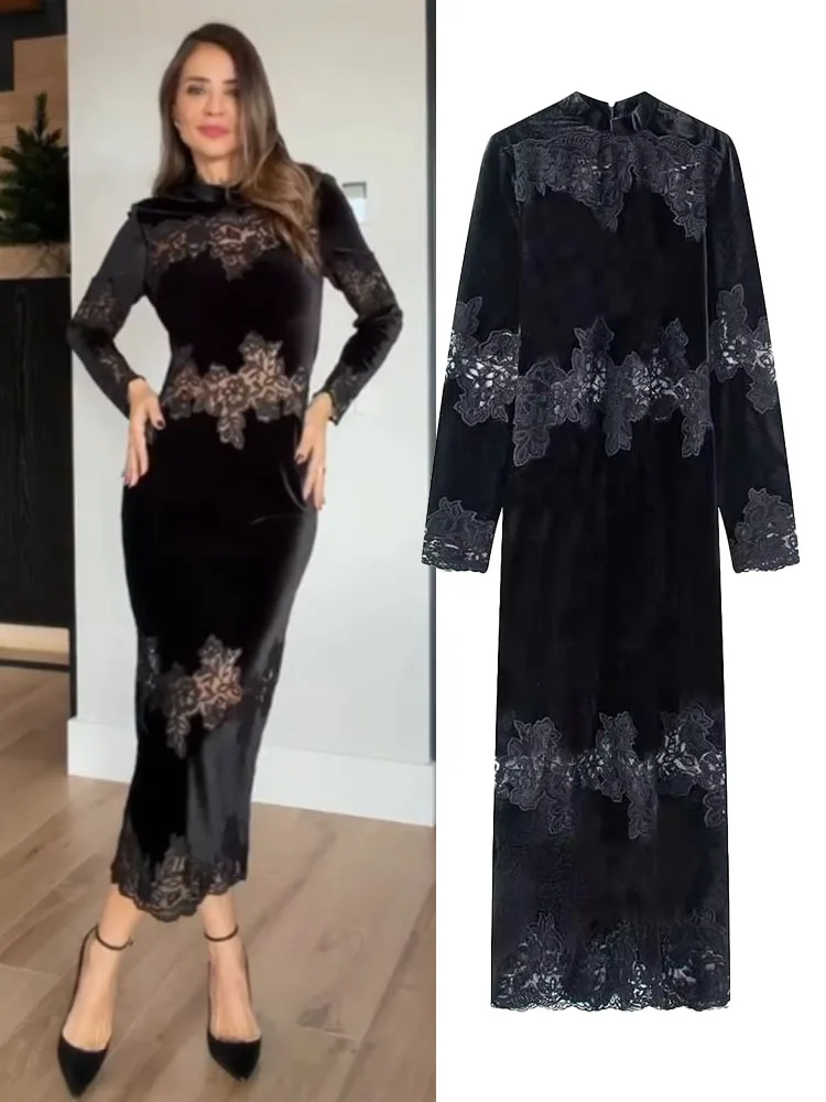 

HH 2026 New Woman Spring Fashion Long Sleeves Round Neck Lace Decoration Velvet Fabric Long Dress Female Casual Versatile Dress