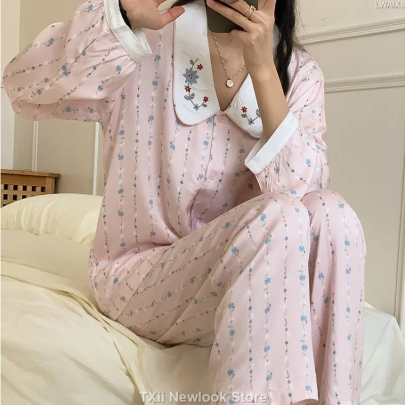 TXii Newlook Korean-style Flower Embroidered Lapel Girl\'s Pink Gentle Sweet Home Wear Thin Long-sleeved Pants Pajamas for Autumn