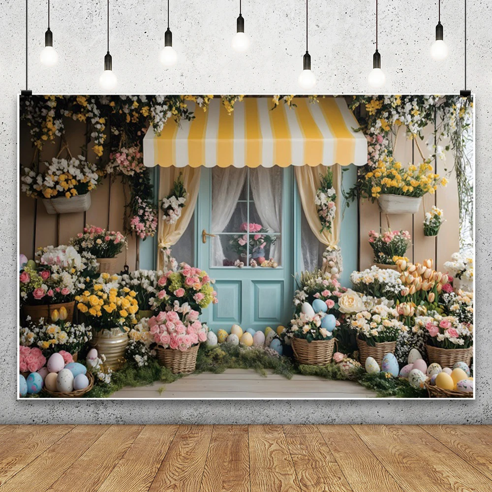 부활절 꽃 가게 배경 용수철 부활절 날 꽃 다채로운 계란, 어린이 생일 파티 사진 배경 사진 부스 소품