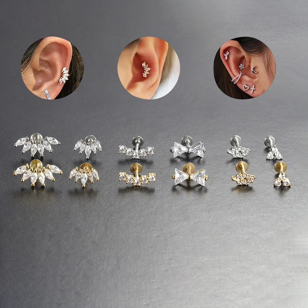 1PC Pure Titanium Zircon Flower Ear Cartilage Piercing Stud Earrings Heart Star Moon Helix Conch Screw Back Earring Women
