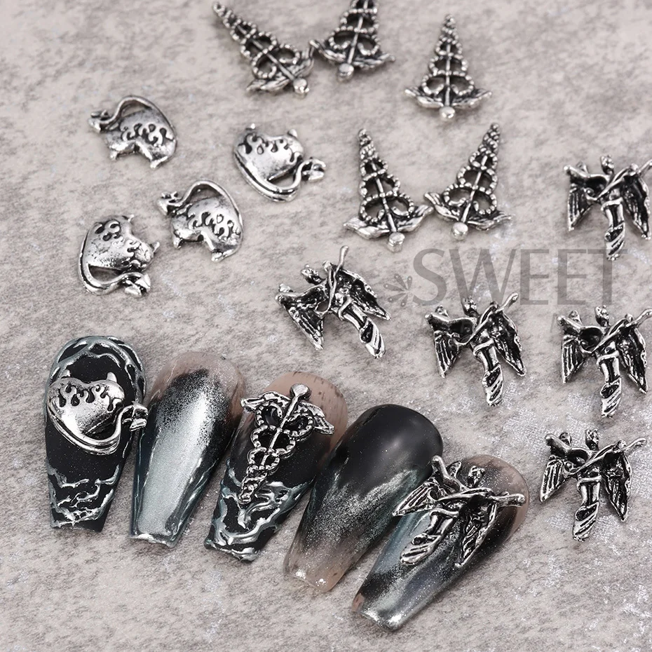 Metallic Zilveren Halloween Nagel Bedels 3d Vlinder Bunny Skull Hart Drakenslang Japanse Sieraden Nagel Onderdeel Diy Nagel Decoratie