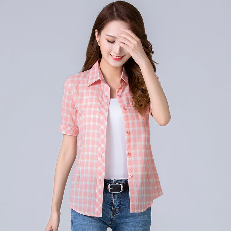 2024 Summer New Fashion Plaid Short Sleeve Shirt Women Summer Blouse Shirt Casual Cotton Tops Fresh Girl Summer Clothing Shirt