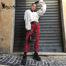 [You're My Secret] Harajuku Fashion Women Pants Straight Leg Pants Plaid High Waisted Fit Pants Women 2024 New Red Casual Pants