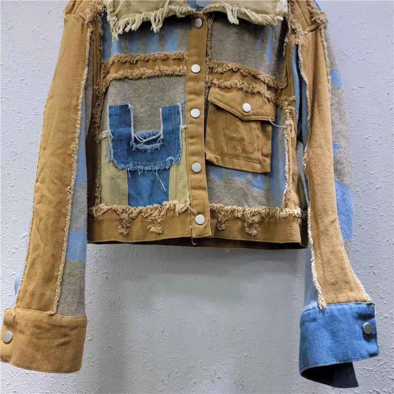 ANJY Jesienna Nowa Damska Modna Kurtka Kontrastowy Kolor Postarzany Denim Patchwork Vintage Stylowa Elegancka Streetwearowa Elegancka Kurtka A9318