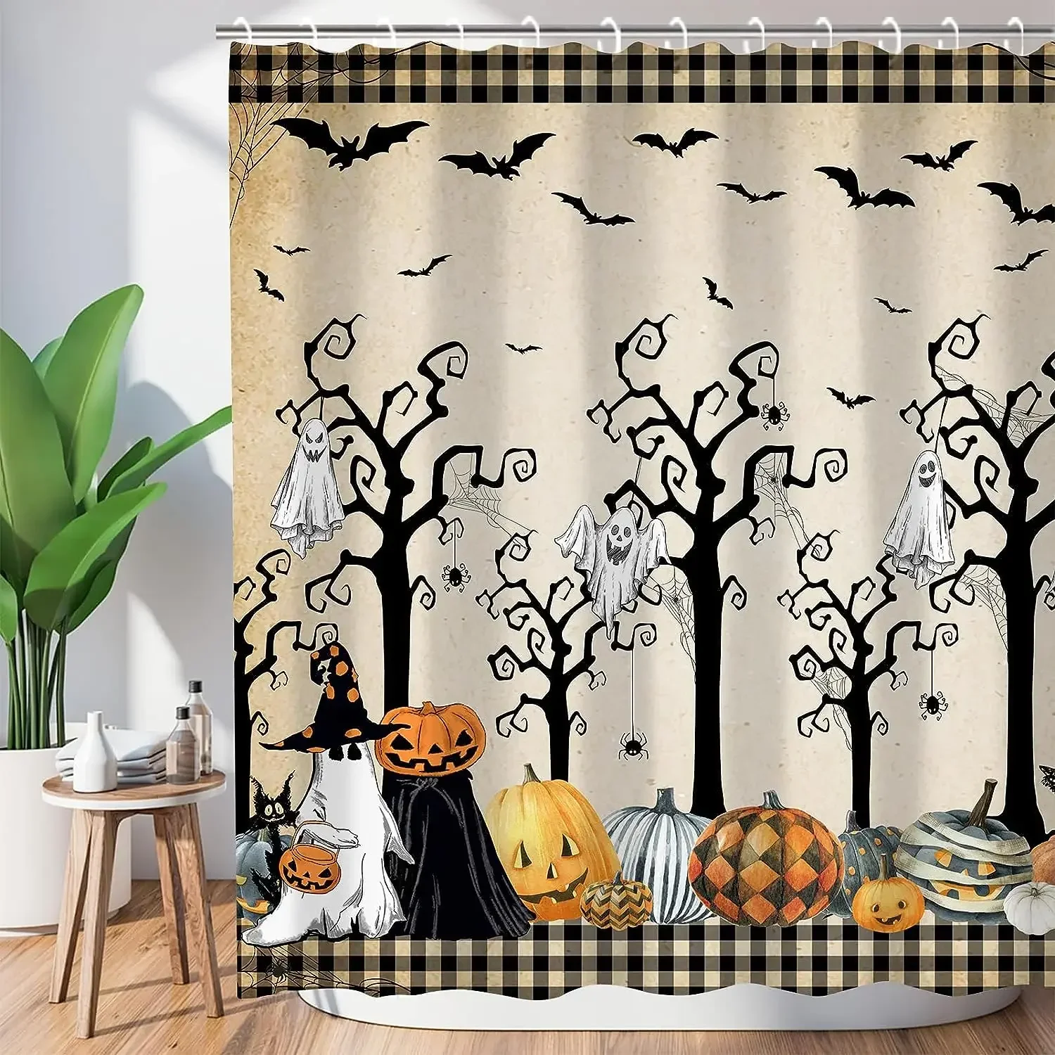 Halloween Shower Curtains Ghost Bat Dead Trees Buffalo Plaid Fall Pumpkin Bath Curtain Fabric Bathroom Bathtub Decor with Hooks