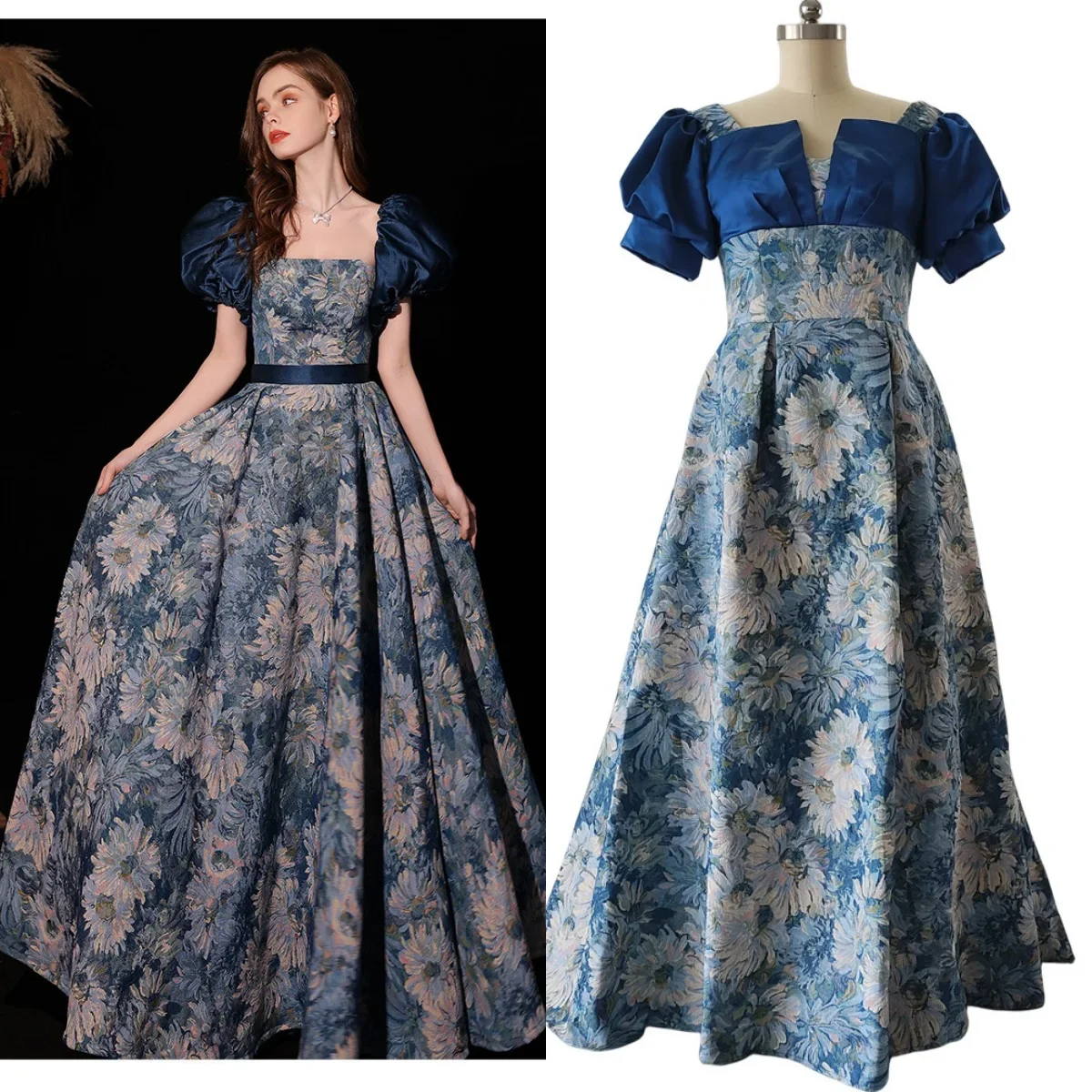 Evening Dresses Jacquard Blue Floral Square Collar Short Sleeves A-line Floor-length Plus size Women Party Formal Gown B2440