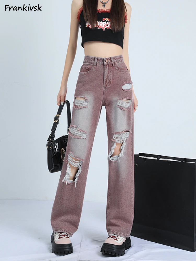 

Women Jeans Hole Tassel Contrast Color High Waist Y2k American Retro Streetwear Hotsweet Washed Denim Trousers Autumn College