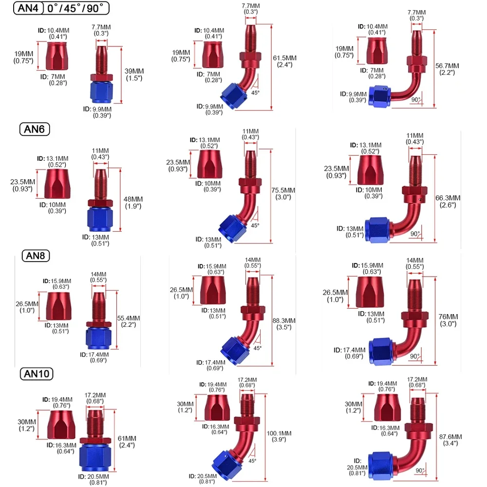 Universal AN4/AN6/AN8/AN10/AN12 Straight 0°/45°/90°/180° Degree Oil Fuel Swivel Hose End Fitting Oil Hose End Adaptor Fuel hose