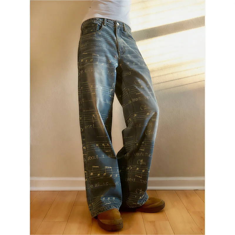 

Прямые джинсы с винтажным узором и принтом, повседневные брюки, новые весенние универсальные брюки для мужчин и женщин