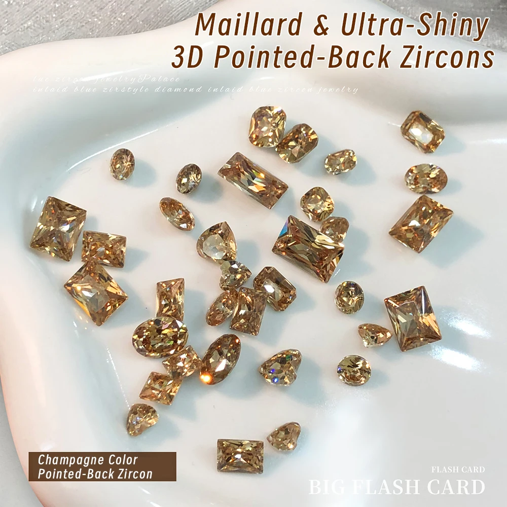 10Pcs Sparkle Champagne Zircon Diamond Crystal Nail Rhinestones 3D Heart/Square/Rectangle Glass Stone Gem Manicure Decoration