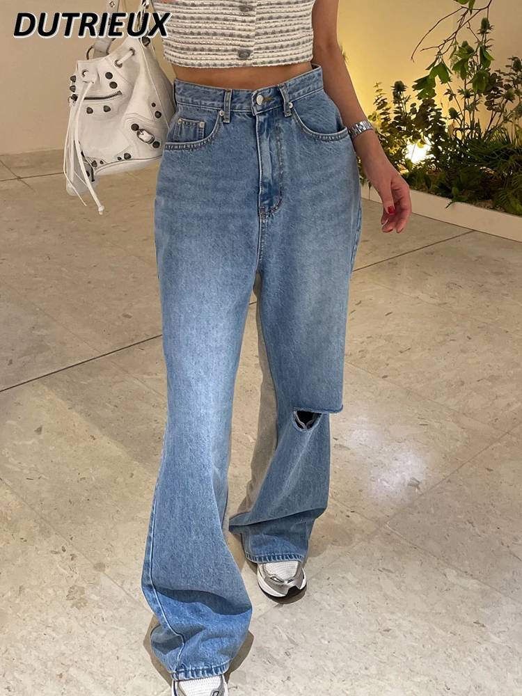 Pantalones vaqueros de cintura alta para mujer, Jeans de pierna ancha con empalme en contraste con agujeros, informales, a la moda, primavera y otoño