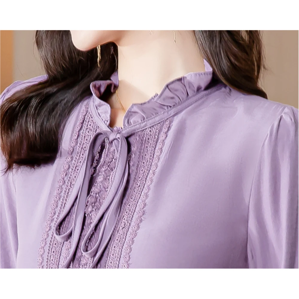 Women\'s Lace Splice Purple Silk Shirts Long Sleeve Fashion Women Blouses 2024 Sweet Fungus Edge Bow Collar Office Lady Tops