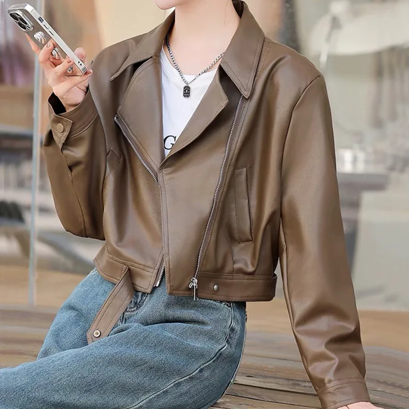 Herbst neue kurze Damen Lederjacke koreanische Retro vielseitige lose Jacken Top Mode Revers Kragen Reiß verschluss Pu Mantel