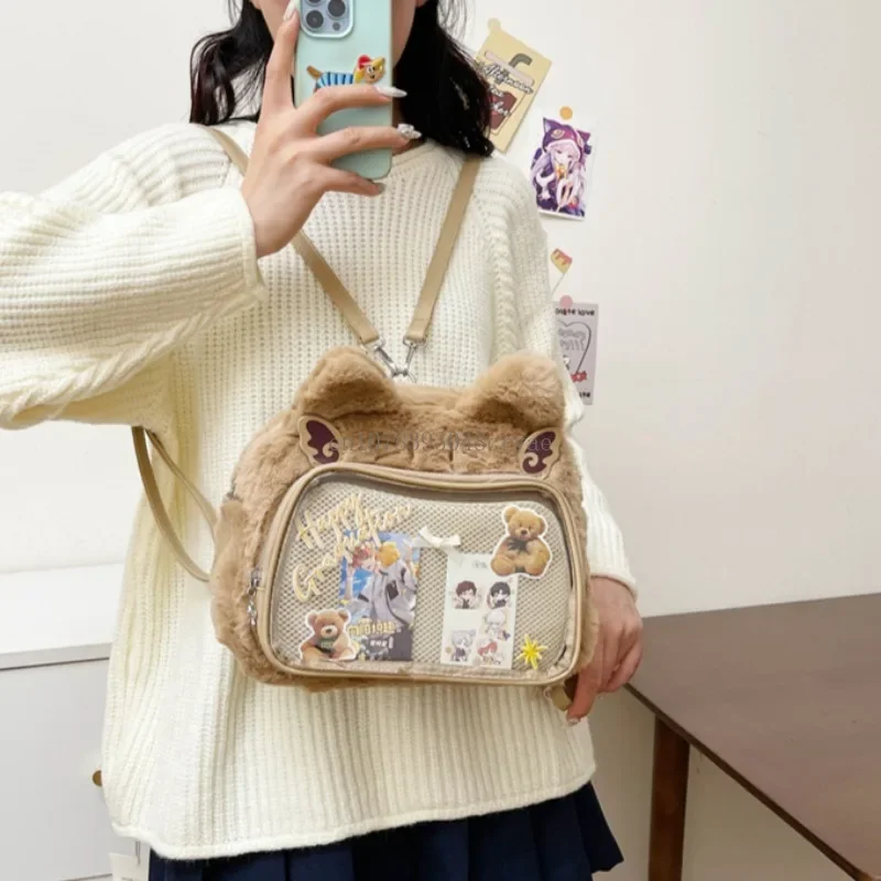 Borsa Ita trasparente con gatto di peluche soffice e carino giapponese Y2k Borsa a tracolla da donna casual Harajuku Kawaii Zaino carino stile preppy