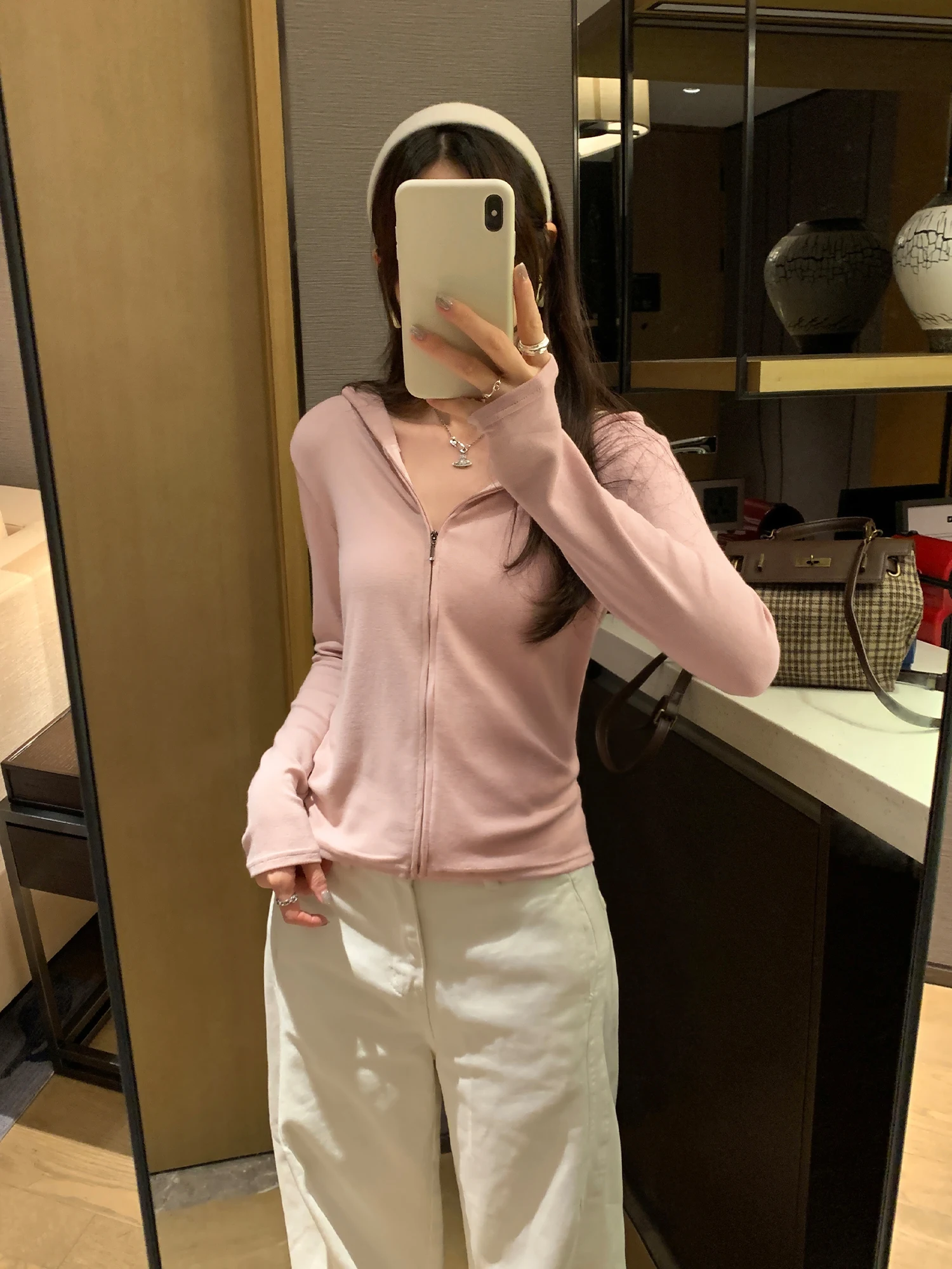 Chic Pink Hooded Long Sleeve Open Cardigan Women's Outerwear Spring Autumn Cotton Blend Zipper Decorated Sporty Style