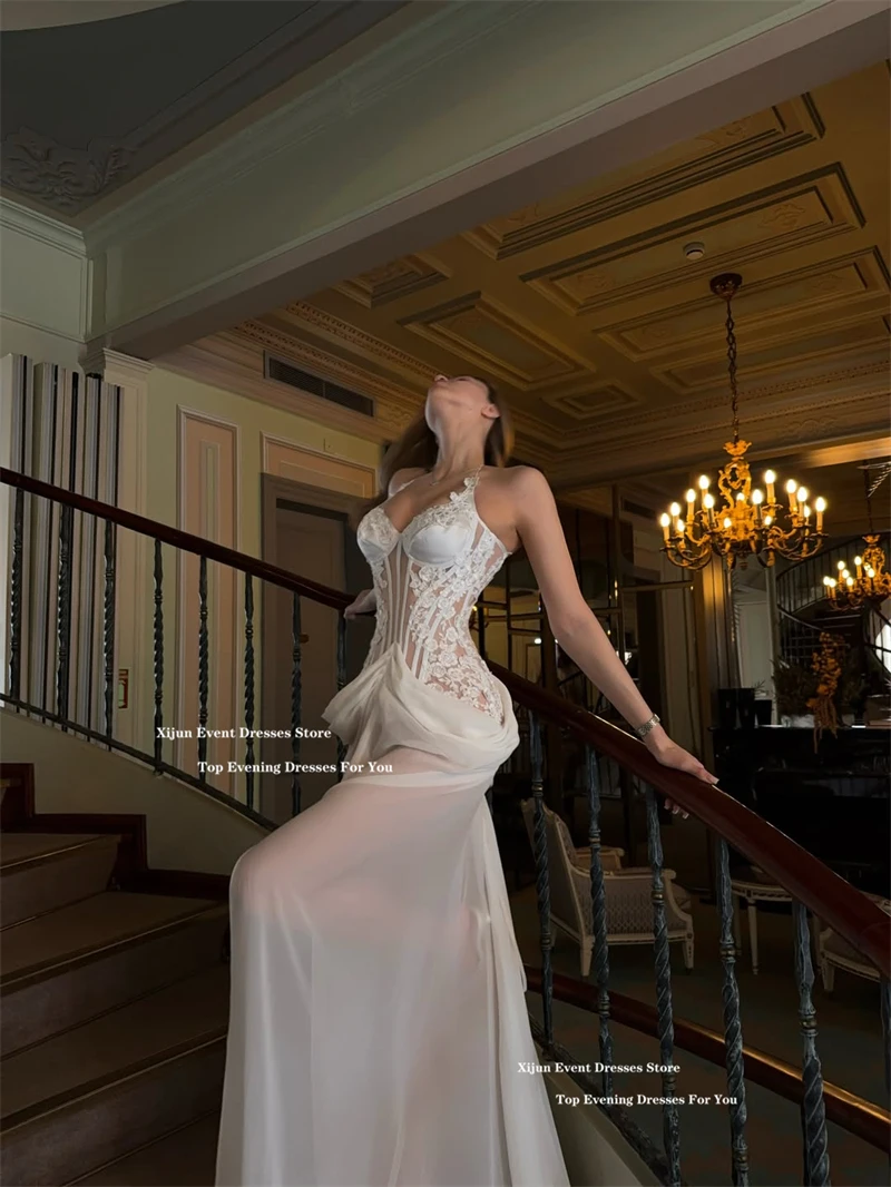 Xijun Sexy White Mermaid Evening Dresses Sleeveless See-Thru Lace Prom Dresses Pleated Split Birthday Party Gowns Customized image 3