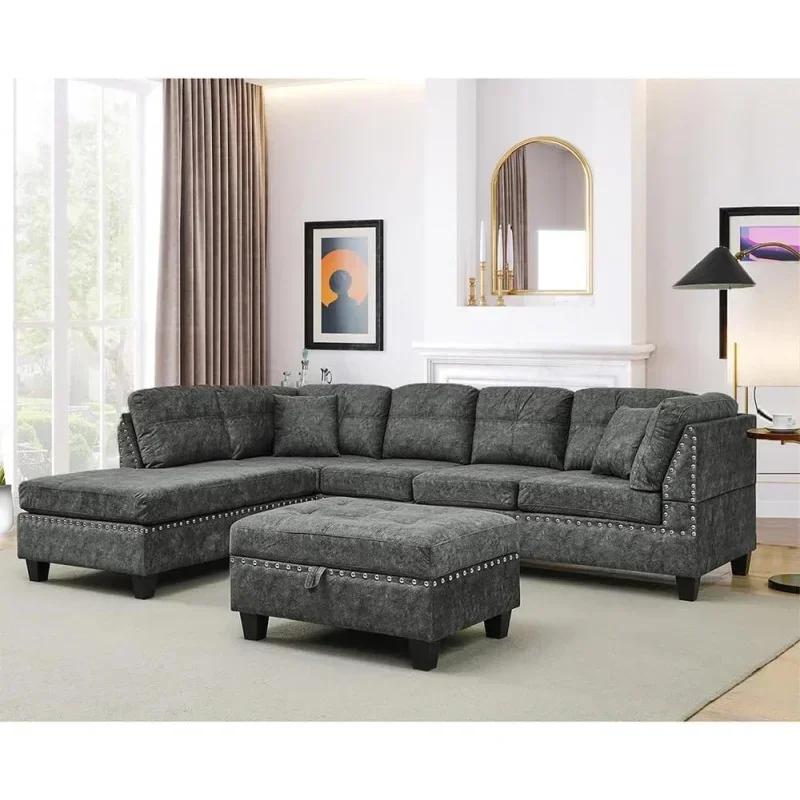 Living Room Furniture Sets,Sectional Sofa with Storage L-Shaped 2 Pillows&Extra Wide Reversible Chaise,Upholstered