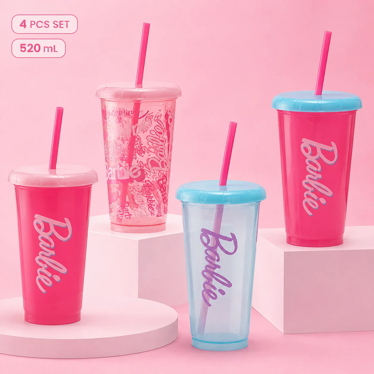 MINISO Barbie Sunshine Glow Series 520ml Plastic Straw Cup Set 4PCS Reusable Tumbler Cute Drinkware Summer Water Bottle Gift view 5