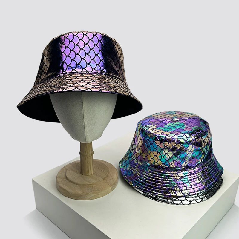 Shiny PU Leather Colorful Bucket Hats Sunshade New Unisex Reflective Breathable Fisherman Caps Versatile Double Sided Fashion