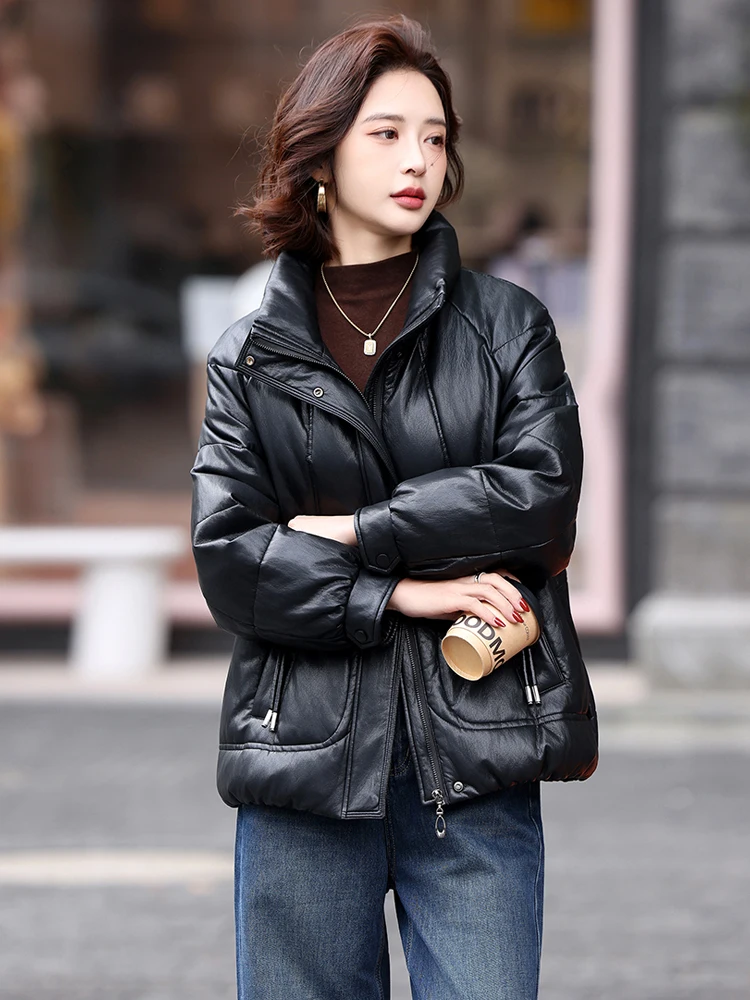   Giacca in Vera Pelle con Imbottitura in Piuma d'Oca per Donna, Nuovo Modello Invernale 2025, Stile Coreano, Cappotto Corto in Pelle di Pecora, Casual e Caldo