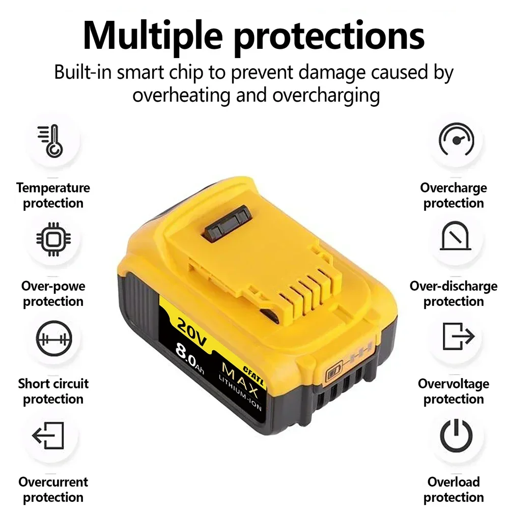 8/6/5Ah Screwdriver Battery for Dewalt 20v DCF850 DCF887 DCB200 DCB182 DCB609 DCB184 Replacement Lithium Battery 100%Original