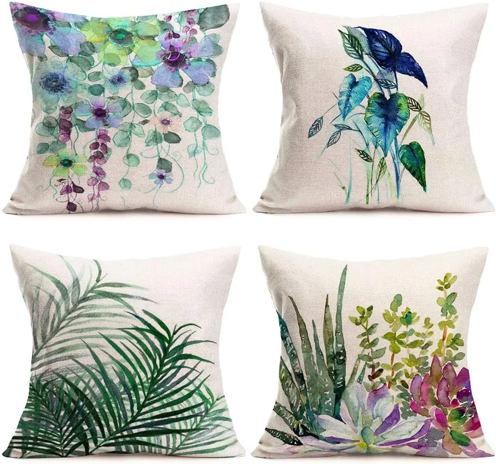 Funda de almohada cuadrada de lino، cubierta de cojín de planta verde، decoración para el hogar، sofá cama al aire libre #2