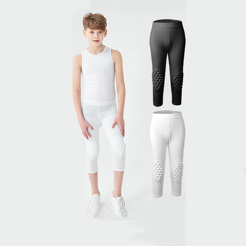 Pantaloni sportivi anticollisione per bambini Protezione per ginocchia a compressione Leggings di lunghezza 3/4 Calcio Basket Abbigliamento sportivo da allenamento per bambini