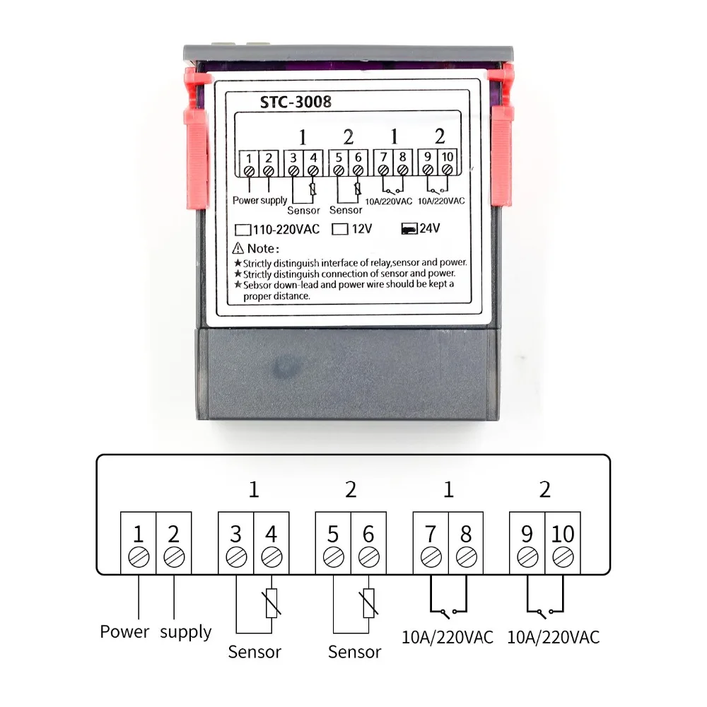 STC 3008 Doppio regolatore di temperatura digitale Due uscite relè 12V 24V 220V Termoregolatore Termostato Riscaldatore Dispositivo di raffreddamento Doppia sonda