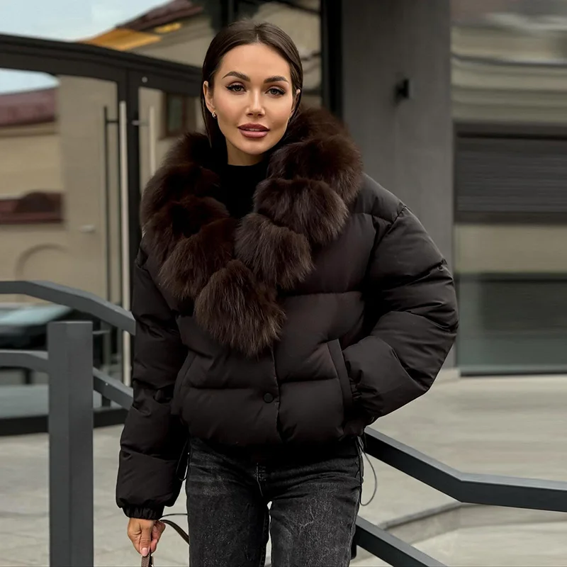 Fashion Solid Women's Puffer Jacket Faux Fur Collar Splice Long Sleeves Short Loose Coat Chic 2026 Autumn Winter New Daily Wear 7
