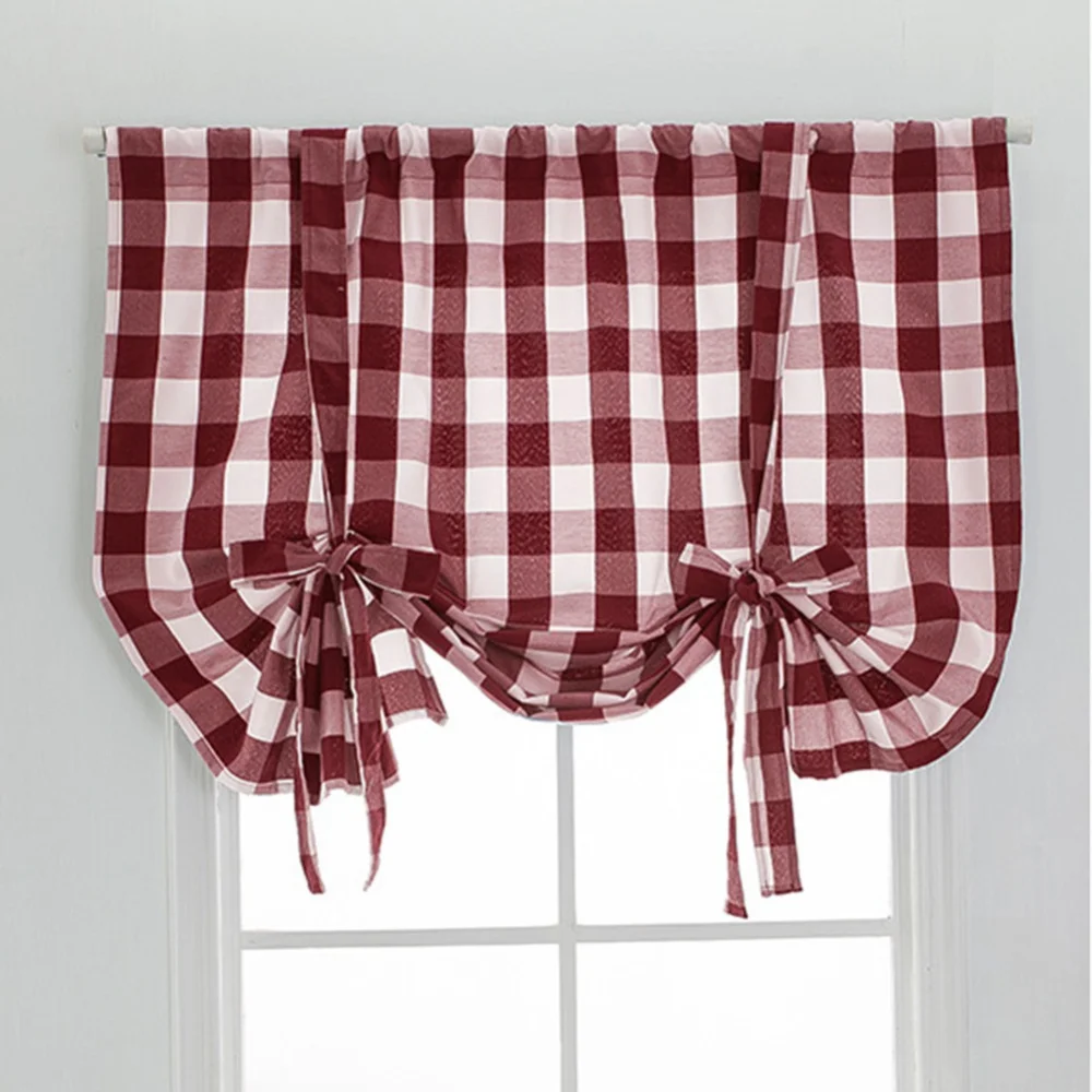 Tie Up Curtain for Kitchen Cafe Adjustable Balloon Lines Checkered Roman Shades for Small Window Rod Pocket Window Covering