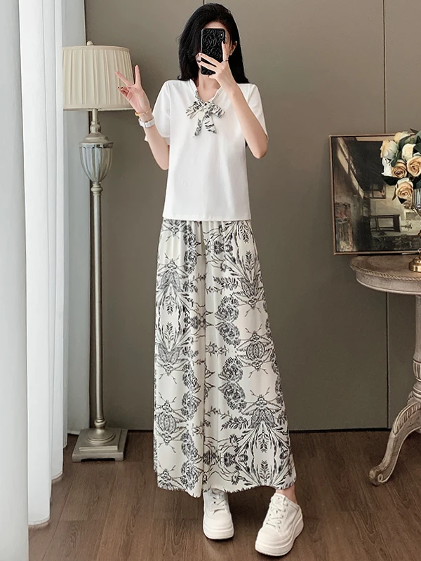 

Elegant White Short Sleeve T-Shirt And Wide Leg Pants Women's Two-Piece Set Summer Fashion Slimming Effect High-End Feeling