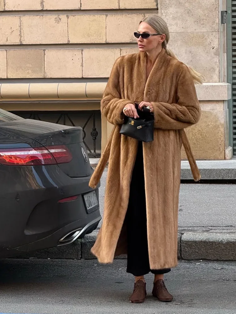 رداء أصفر مفتوح الكتف العادي مع حزام صديق للبيئة من الفرو سميك وأكمام طويلة ملابس خارجية للسيدات معطف كاجوال عتيق #4