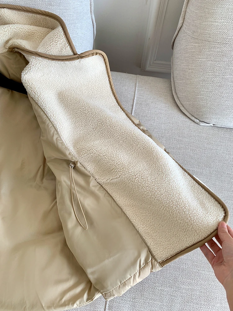 Schinteon Women Lambswool White Duck Down Jacket with Hood Autumn Winter Warm Outwear Casual Patchwork Coat European Style
