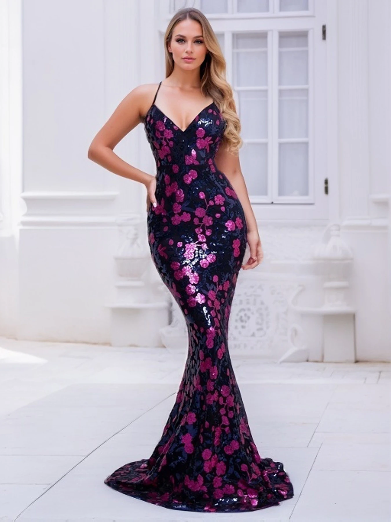 

Romagic Spaghetti Strap V Neck Cocktail Prom Gown Backless Sequin Pink Flowers Graduation Women Long Mermaid Evening Party Dress