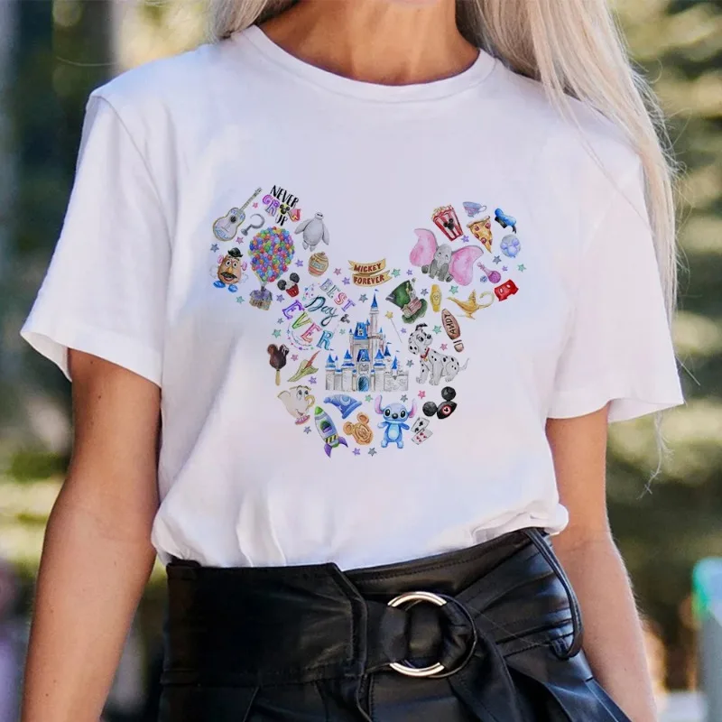 Kawaii Disney Cartoon Ladies Tops Mickey Mouse Princess Anna Fashion Summer Streetwear T-Shirt Women Vintage White T-Shirt