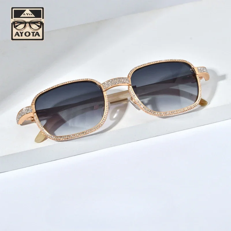 Fashionable White Diamond Horn Sunglasses High Quality Natural Black Horn Leg Square Progressive Color Shades for Men and Women