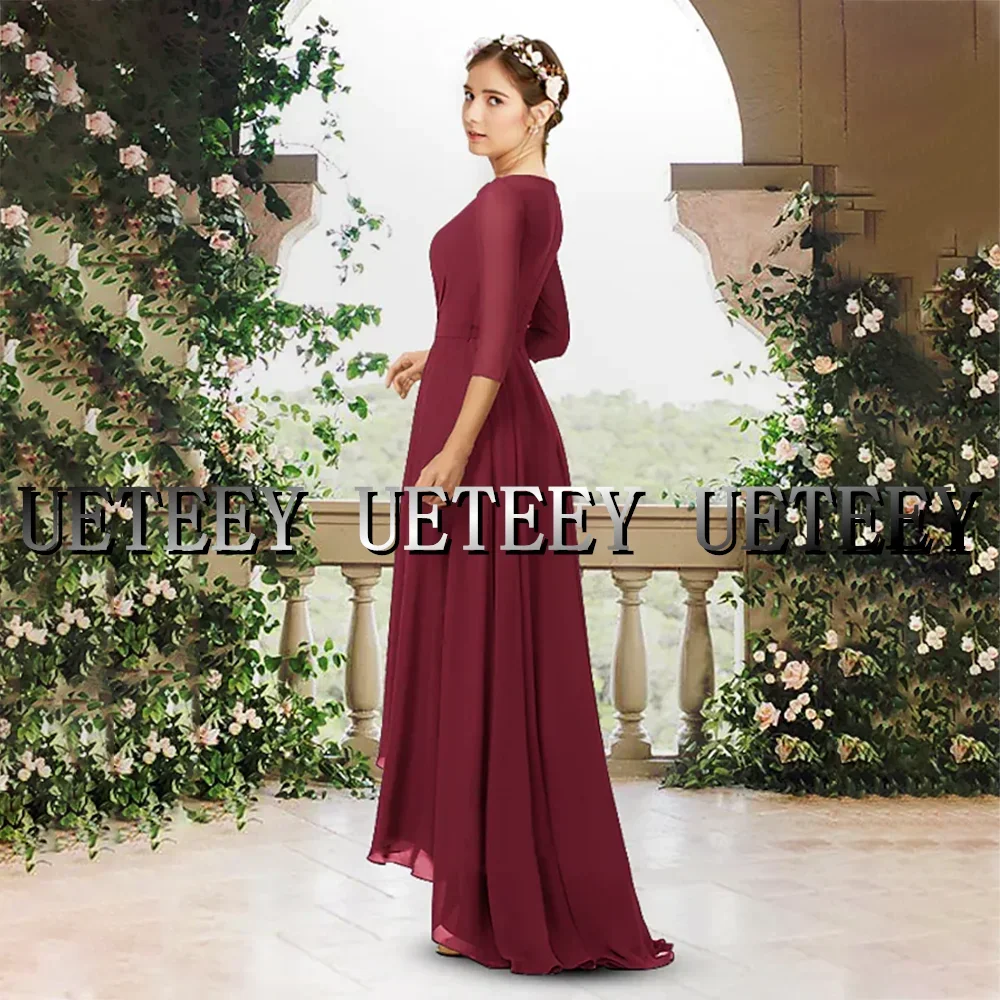 カスタマイズされたエレガントなワインレッド非対称ブライドメイドドレス V ネック 3/4 長さの袖シフォン高低ウェディングパーティードレス女性