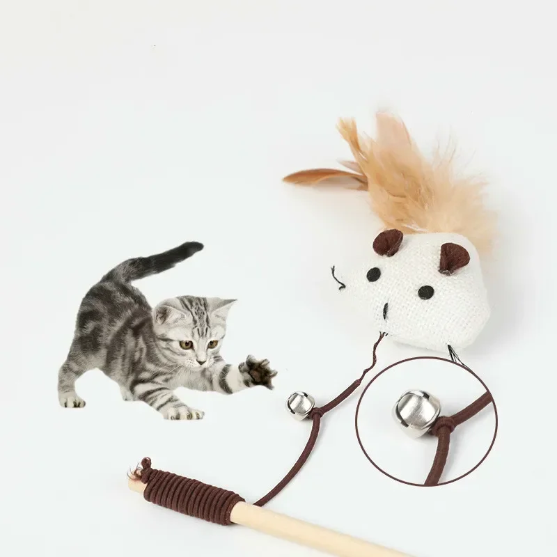 40cm Pet Cat Teaser Toys Feather Linen Wand Cat Catcher Teaser Stick Cat Interactive Toys Wood Rod Mouse Toy with Mini Bell