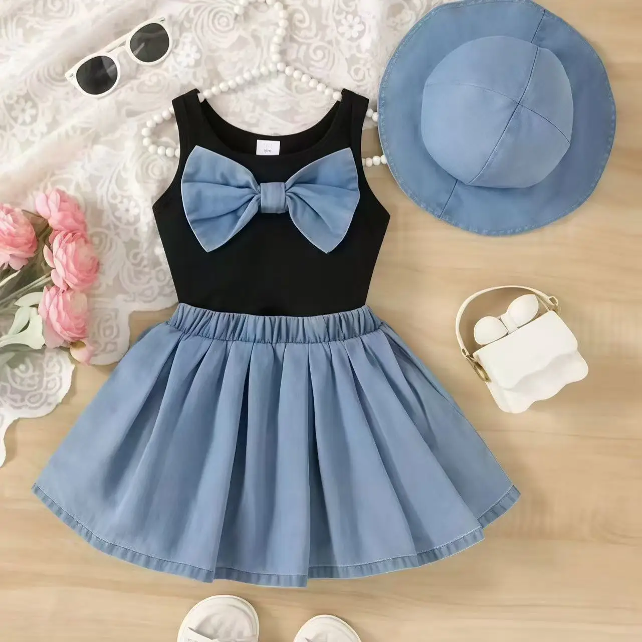 

2026 New Summer Girls Elegant Sleeveless Bow Vest & Vintage Denim Princess Dress 9M-4Y